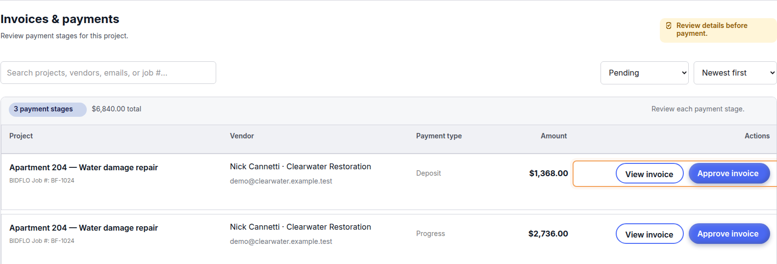 Supplied BidFlo deposit and progress invoice excerpt for fictional BF-1024, not a live partner integration or API contract